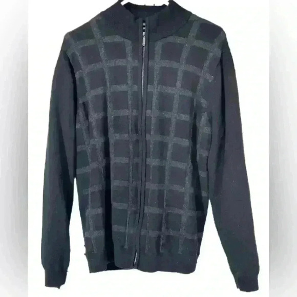 Ashworth Merino Wool Plaid Mens Sweater M Full Zip Black Gray - Picture 2 of 7